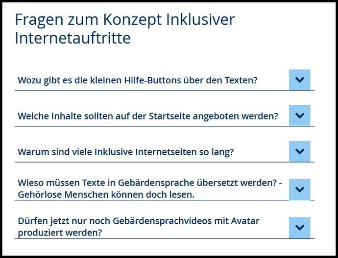 Screenshot des Akkordeons im Einsatz auf der Seite des Inklusiven Internets mit Fragen und Antworten rund um das Bauen von Auftritten.