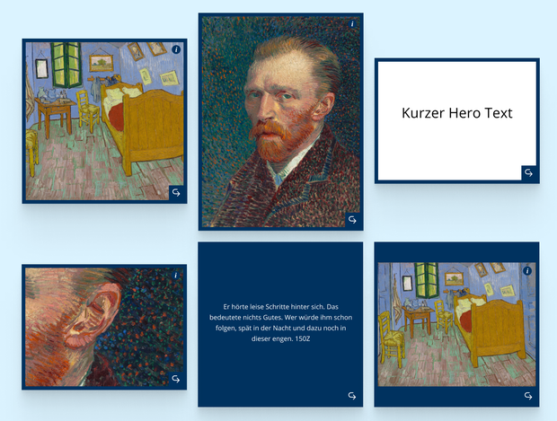 Entwurf 3: Ansicht von 4 Wendekarten, die Blind-Text und Bilder zeigen. Entwurf 3: Ansicht von 4 Wendekarten, die Blind-Text und Bilder zeigen.