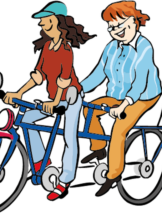 Zwei Personen  auf einem Tandem-Fahrrad (vergrößerte Bildansicht wird geöffnet)