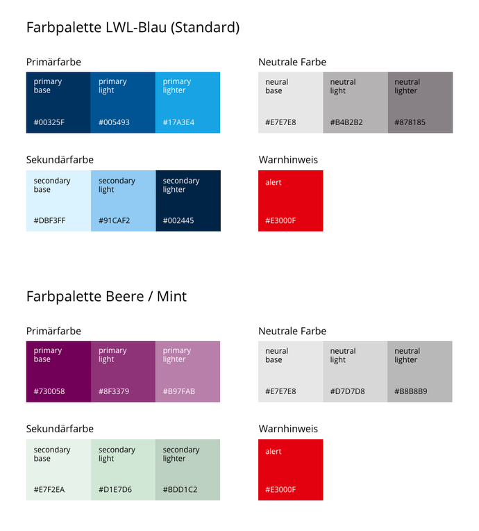 Ansicht Farbpalette LWL-Blau (Standard) und Beere / Mint