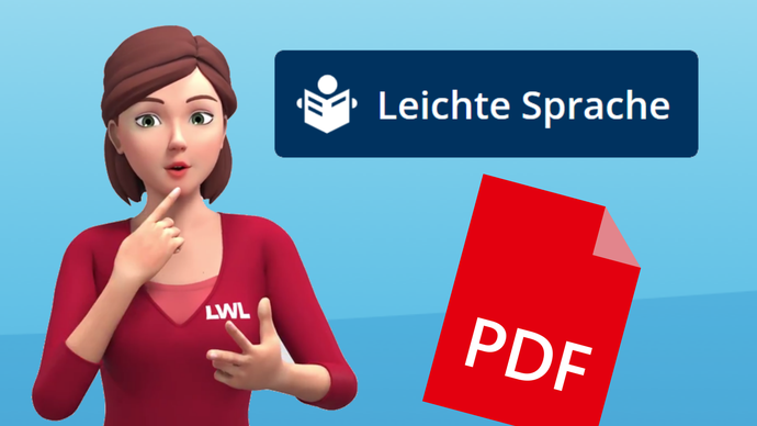 Gebärdensprach-Avatar, Symbol für PDF-Dateien und Schaltfläche für Leichte-Sprache