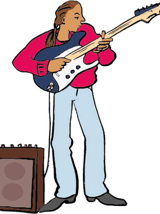 Ein Mann spielt mit einer Gitarre, die mit einem Verstärker verbunden ist (vergrößerte Bildansicht wird geöffnet)