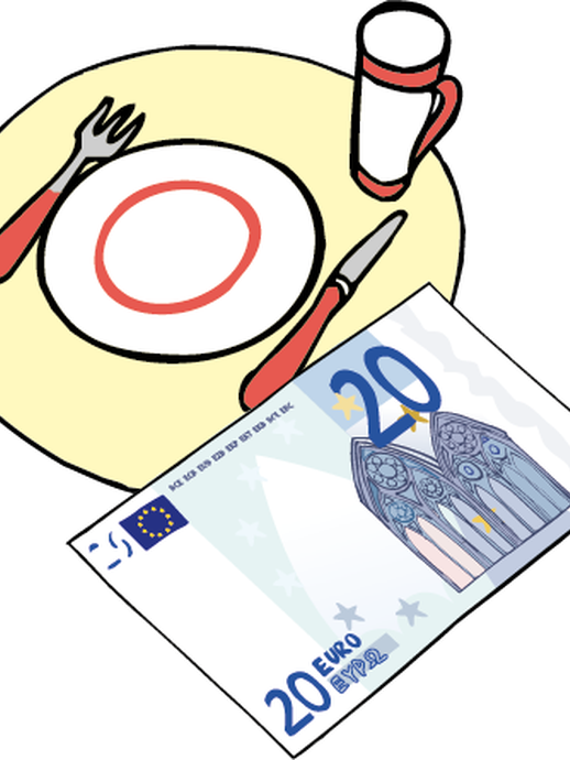 Ein Geldschein liegt neben einem Gedeck (vergrößerte Bildansicht wird geöffnet)