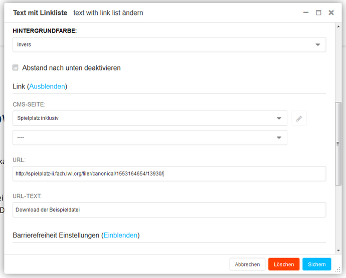 Screenshot Eingabemaske Text-mit-Link-Liste-Modul, Felder "URL" und "URL-Text" sind ausgefüllt.