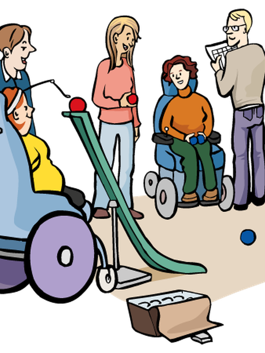 Mehrere Personen, teilweise im Rollstuhl, spielen Boccia (öffnet vergrößerte Bildansicht)