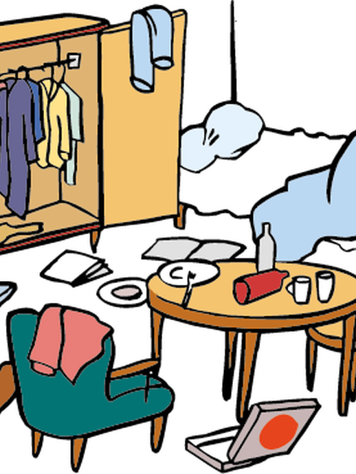 Zimmer mit herumliegenden Kleidungsstücken und Gegenständen (vergrößerte Bildansicht wird geöffnet)