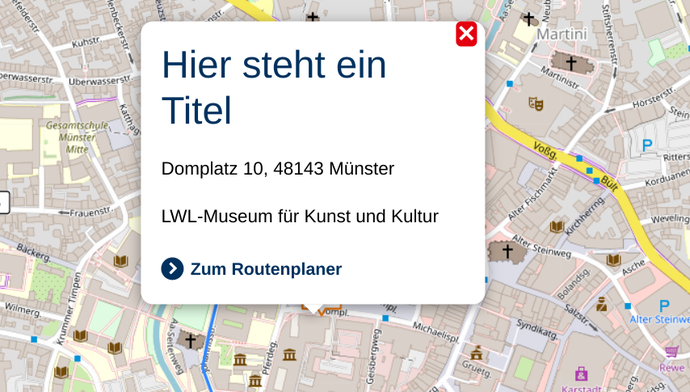 Pop-Up auf der Landkarte für das LWL-Museum für Kunst und Kultur mit Routenplaner-Link
