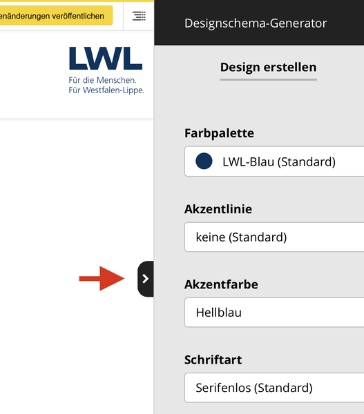 Pfeilfähnchen mit dem Sie den Designgenerator ein- und ausblenden können.