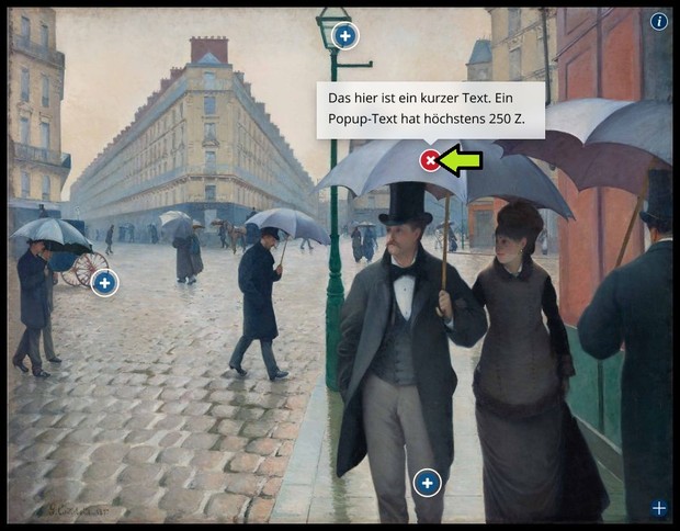 Entwurf 4: Auf einem Gemälde von Eduard Manet, das ein Paar beim Stadtspaziergang im Regen zeigt, erscheint ein Text zu einem Hotspot.
