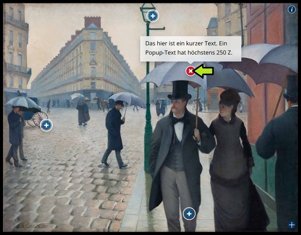 Entwurf 4: Auf einem Gemälde von Eduard Manet, das ein Paar beim Stadtspaziergang im Regen zeigt, erscheint ein Text zu einem Hotspot. Entwurf 4: Auf einem Gemälde von Eduard Manet, das ein Paar beim Stadtspaziergang im Regen zeigt, erscheint ein Text zu einem Hotspot.