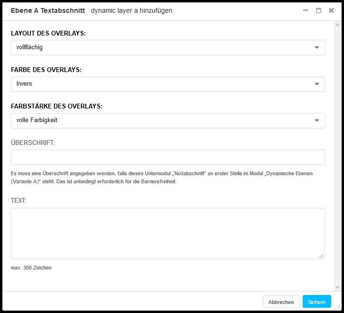 Screenshot der Eingabemaske zur Ebene A Textabschnitt