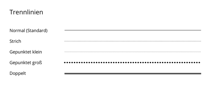 Ansicht der Auswahlmöglichkeiten für Trennlinien