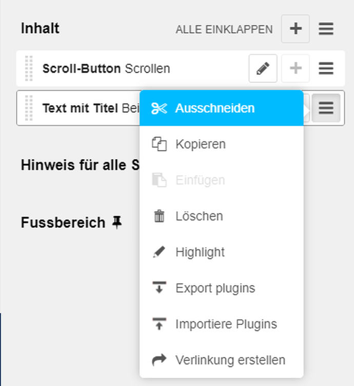 Screenshot des django CMS-Strukturmodus, Funktion "Ausschneiden von Seitenelementen"