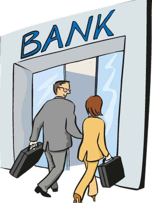 Zwei Personen betreten eine Bank (vergrößerte Bildansicht wird geöffnet)