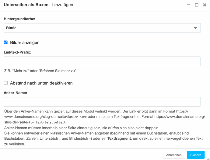 Screenshot des Plugin-Formulars »045 Unterseiten als Boxen«