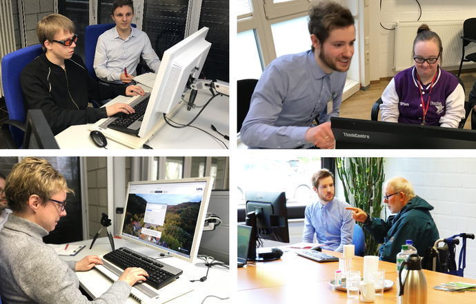 Collage mit Fotos aus vier Nutzertests mit Menschen mit verschiedenen Behinderungen.