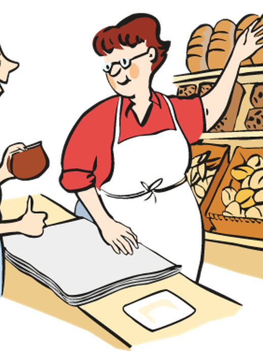 Eine Frau kauft Brot in einer Bäckerei (vergrößerte Bildansicht wird geöffnet)