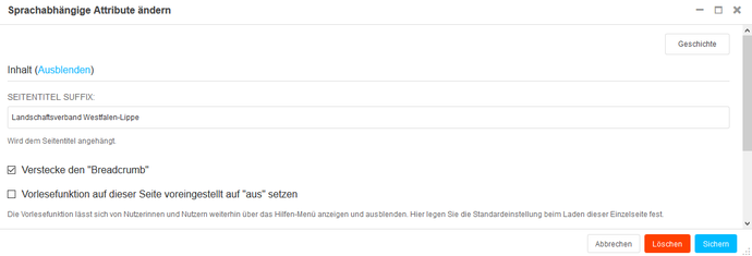 Screenshot im django-CMS zur Funktion "Vorlesefunktion voreingestellt auf 'aus' setzen"