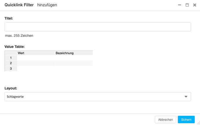 Screenshot Formular des Plugins 025E Quicklink-Filter