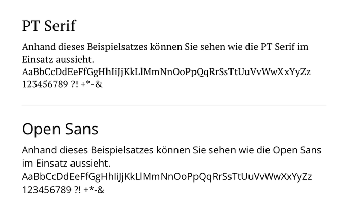 Ansicht der beiden Schriften PT Serif und Open Sans, die im Designschema-Generator zur Auswahl stehen