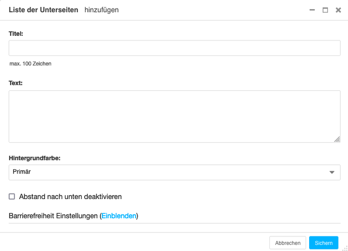 Formular des Plugins »Liste der Unterseiten«