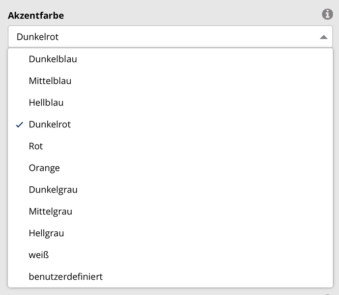 Ausschnitt aus dem Designschema-Generator, der die Auswahlmöglichkeiten für den Styling-Parameter Akzentfarbe zeigt Ausschnitt aus dem Designschema-Generator, der die Auswahlmöglichkeiten für den Styling-Parameter Akzentfarbe zeigt