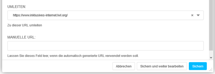 Screenshot der Eingabemaske "Seiten-Einstellung" und dem Eingabe Feld "Umleitung" mit einem Link zu einer externen Adresse