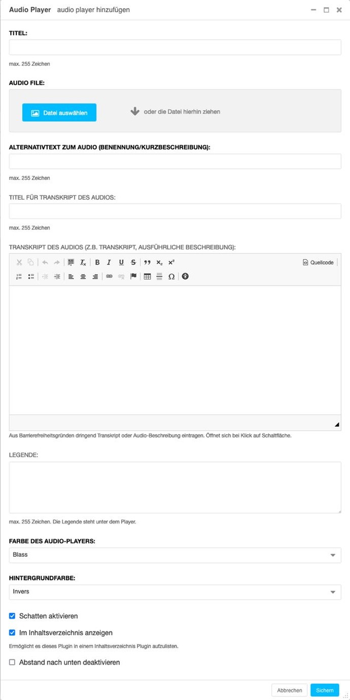 Formular zum Hinzufügen eines Audio-Player-Plugins