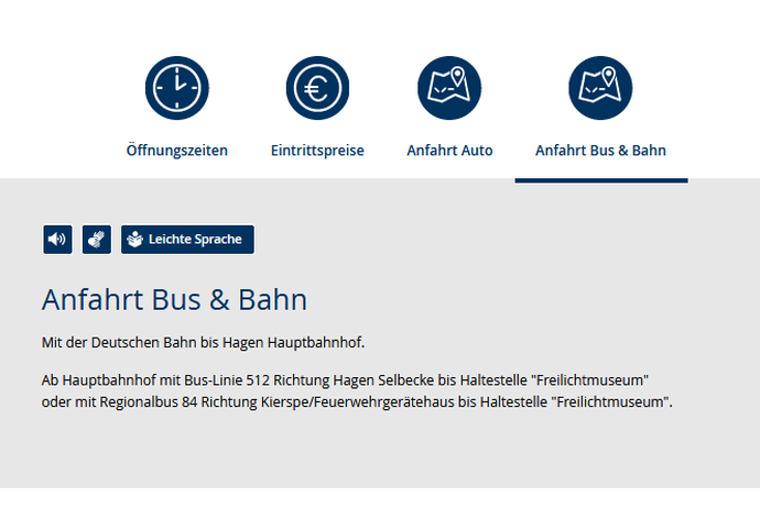 Screenshot einer Portalseite des LWL-Freilichtmuseums Hagen, auf der das Registerkarten-Modul für Öffnungszeiten und andere Hinweise benutzt wurde.