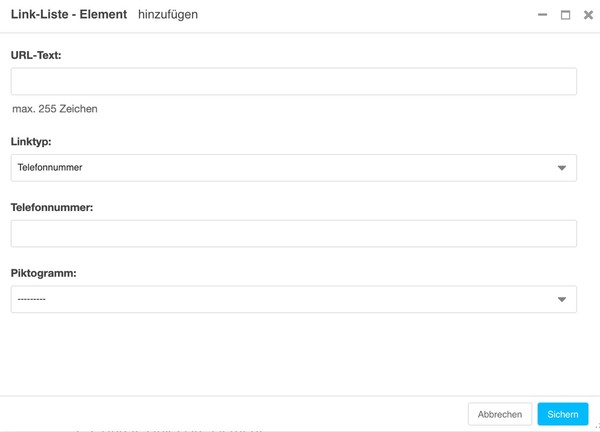 Plugin U009 Link-Liste mit der Linktyp-Auswahl Telefonnummer