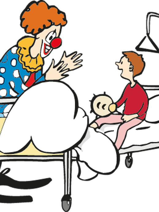 Ein Clown bespaßt ein Kind im Krankenhaus (öffnet vergrößerte Bildansicht)