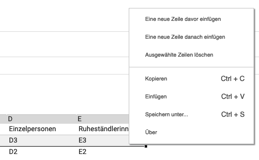 Kontextmenü für eine Tabellen-Zeile im Tabellen-Plugin