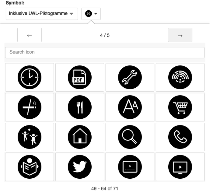 Aufgeklappte Auswahlliste der inklusiven Symbole (Seite 4 von 5)