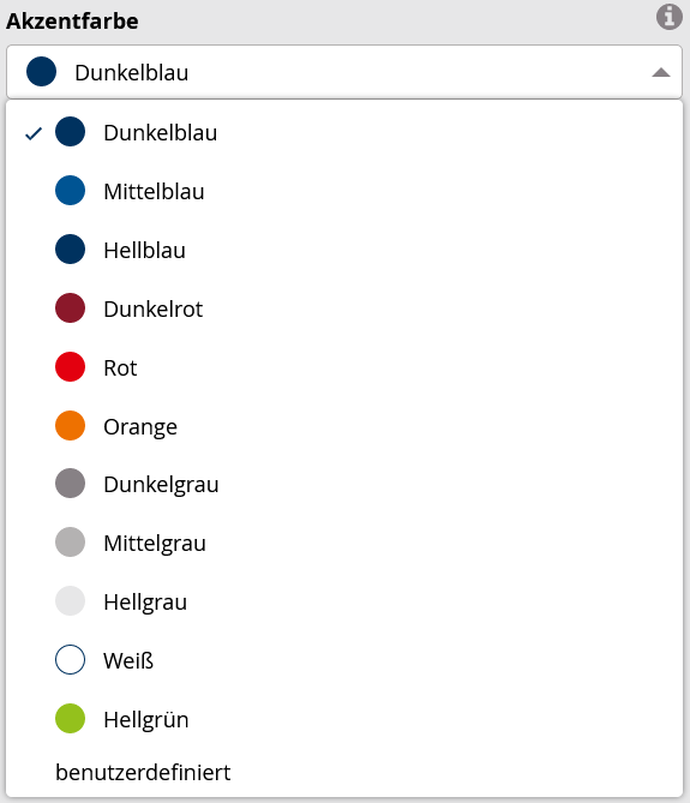 Ausschnitt aus dem Designschema-Generator, der die Auswahlmöglichkeiten für den Styling-Parameter Akzentfarbe zeigt.