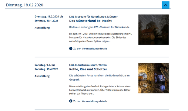 Bildschirmfoto des Veranstaltungskalenders Bildschirmfoto des Veranstaltungskalenders