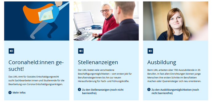 Screenshot der Seite "Arbeiten beim LWL" auf www.lwl.org, auf welcher das Boxen-Modul zu sehen ist. Verschiedene Arbeitsbereiche werden gezeigt.