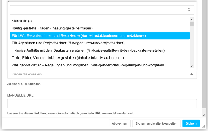 Screenshot der Eingabemaske "Seiten-Einstellung" und dem Eingabe-Feld "Umleitung" mit geöffnetem Unterseiten-Dropdown-Menü