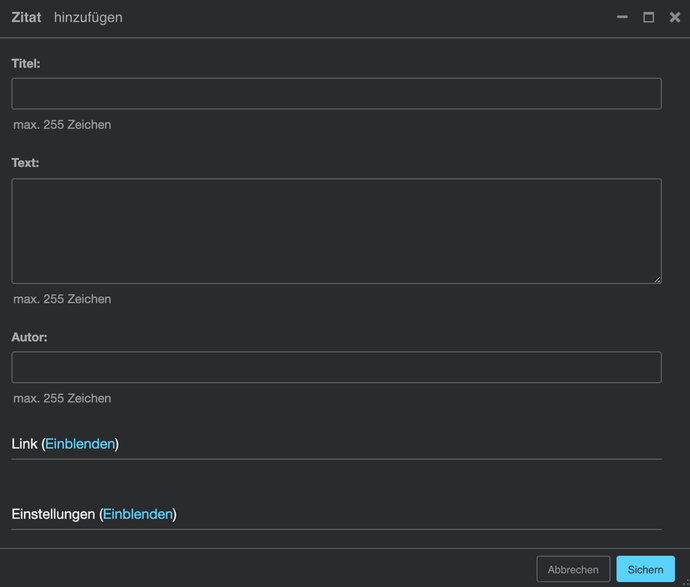 Screenshot des Formulars von Plugin »U017 Zitat«