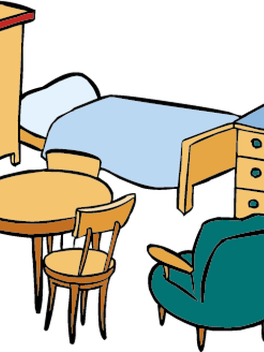 Zimmereinrichtung mit Bett, Schrank, Tisch und Stühlen (vergrößerte Bildansicht wird geöffnet)