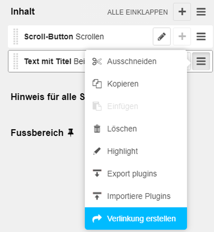 Screenshot django CMS-Strukturmodus Funktion "Verlinkung von Seitenelementen erstellen"
