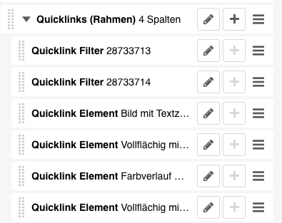 Quicklink-Filter und Quicklink-Elemente sortiert im Strukturmodus