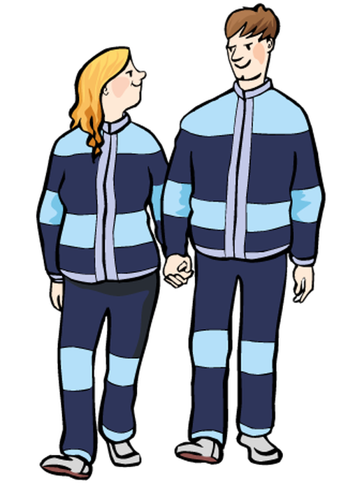 Mann und Frau gehen nebeneinander her und tragen die gleiche Kleidung (öffnet vergrößerte Bildansicht)