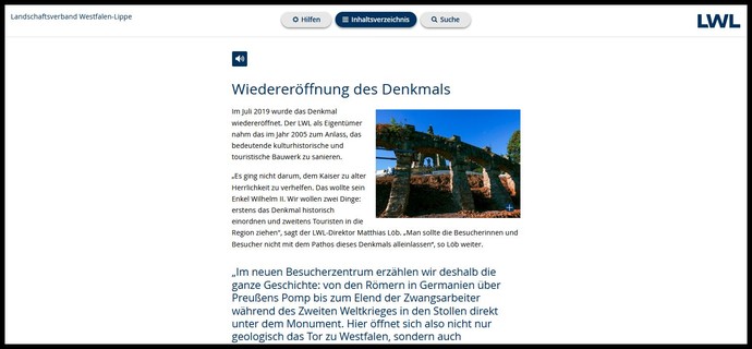 Screenshot eines Artikels zum Kaiser-Wilhelm-Denkmal bei Minden.