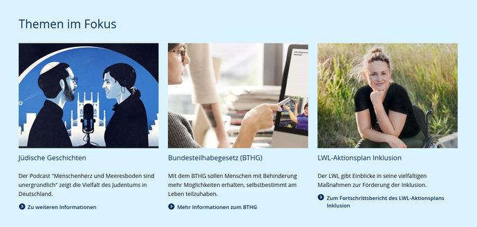 Screenshot der Startseite von lwl.org, auf welcher das Boxen-Modul zu sehen ist.