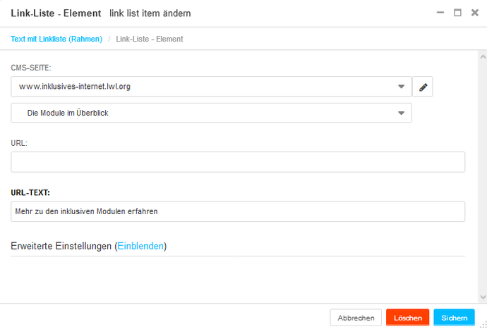 Screenshot Backend Text mit Linkliste-Element Eingabemaske