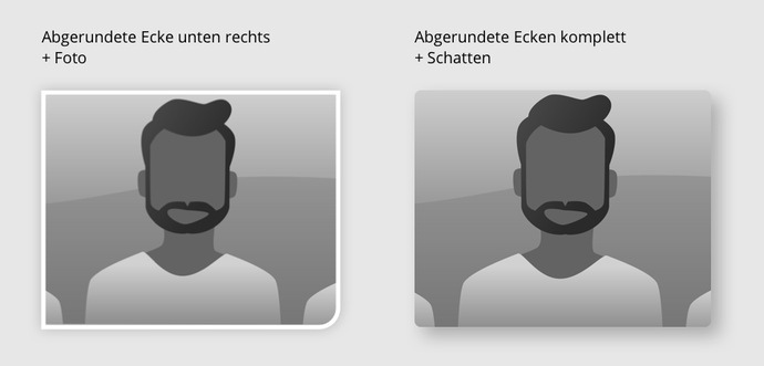 Ansichtsbeispiel von Kombinationsmöglichkeiten der Styling-Parameter „Allgemeine Eckenform“ und „Freiliegende Bilder - Stil“