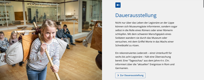 Screenshot eines Bild mit Text-brei-Moduls der Webseite "LWL-Römermuseum Haltern am See"