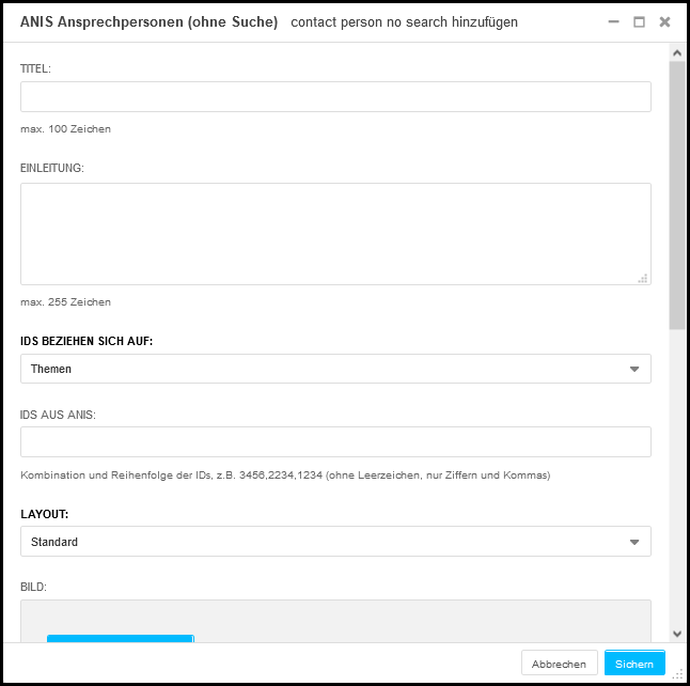 Screenshot Backend Eingabemaske ANIS-Modul