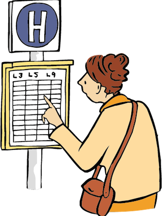 Eine Frau schaut auf einen Plan an einer Haltestelle (vergrößerte Bildansicht wird geöffnet)