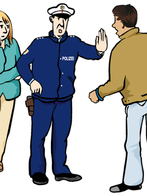 Ein Polizist hindert einen Mann daran, Kontakt zu einer Frau aufzunehmen (vergrößerte Bildansicht wird geöffnet)